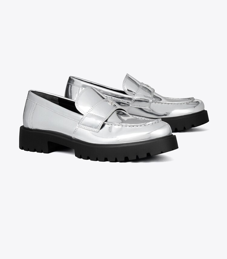 Tory Burch diseñador zapatos planos Mocasín clásico con suela dentada en ARGENTO ángulo