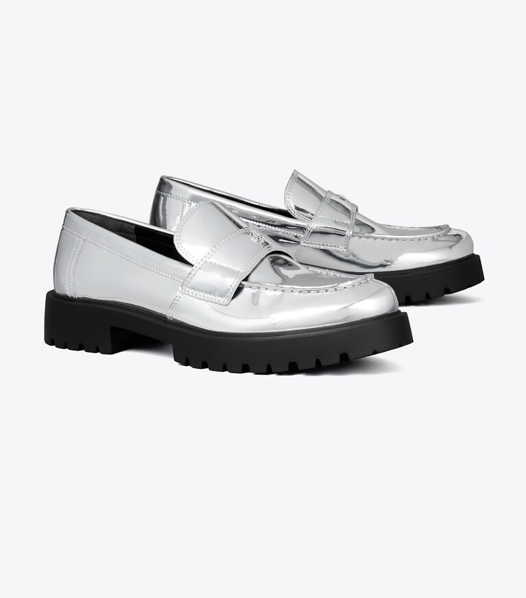 Tory Burch diseñador zapatos planos Mocasín clásico con suela dentada en ARGENTO ángulo