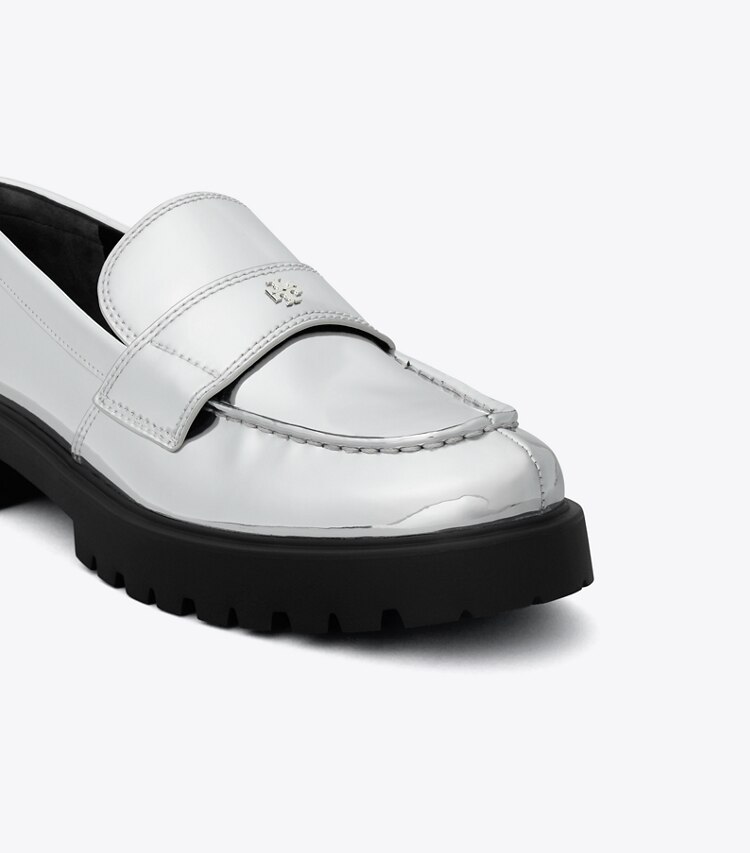 Tory Burch diseñador zapatos planos Mocasín clásico con suela dentada en ARGENTO detalle