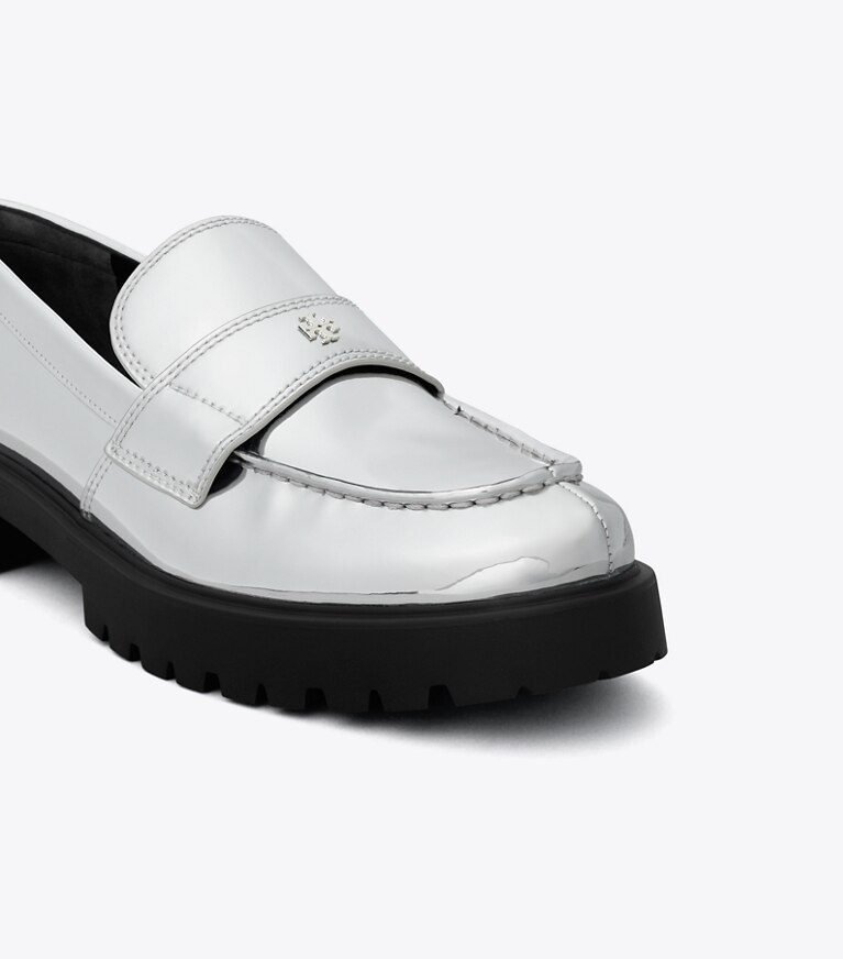 Tory Burch diseñador zapatos planos Mocasín clásico con suela dentada en ARGENTO detalle