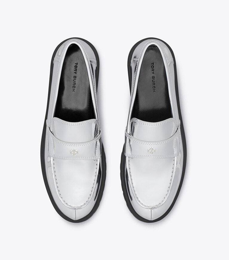 Tory Burch diseñador zapatos planos Mocasín clásico con suela dentada en ARGENTO vista superior