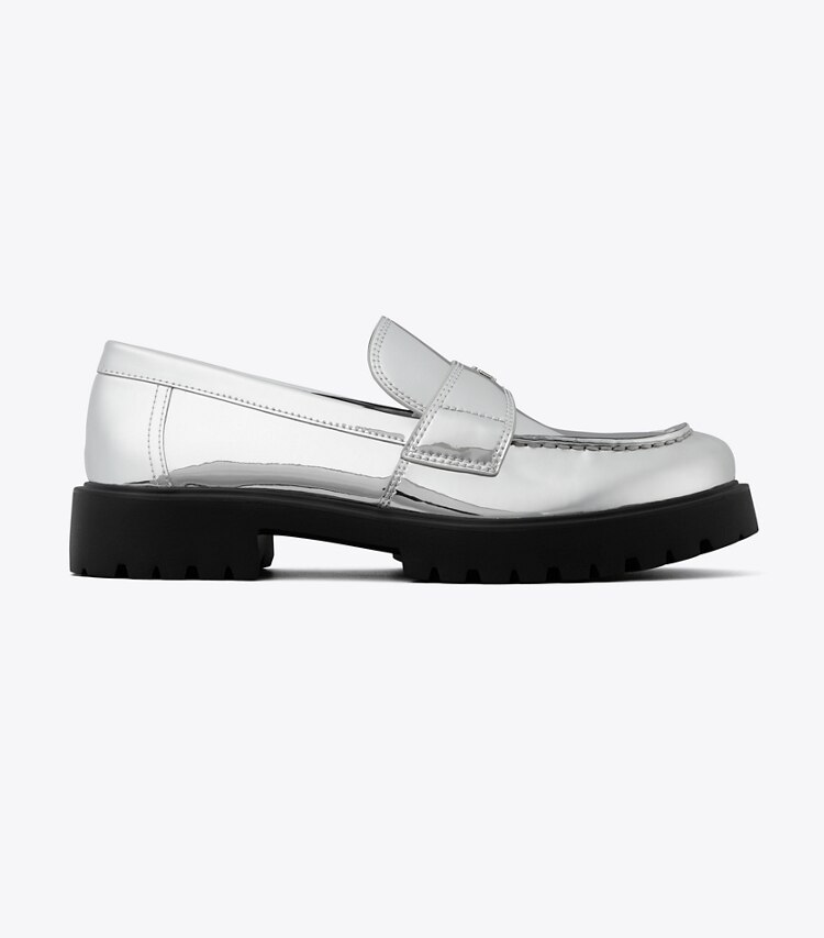 Tory Burch diseñador zapatos planos Mocasín clásico con suela dentada en ARGENTO lateral