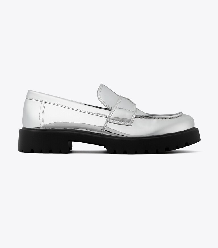 Tory Burch diseñador zapatos planos Mocasín clásico con suela dentada en ARGENTO lateral