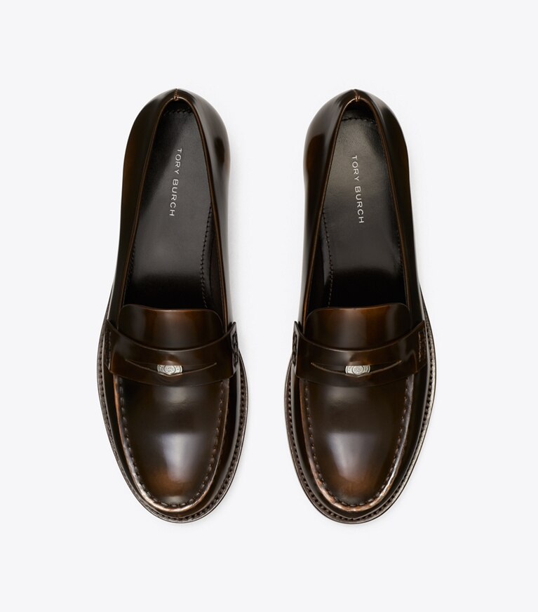 Tory Burch diseñador zapatos planos Mocasín clásico Penny en BRUSHED CHOCOLATE vista superior