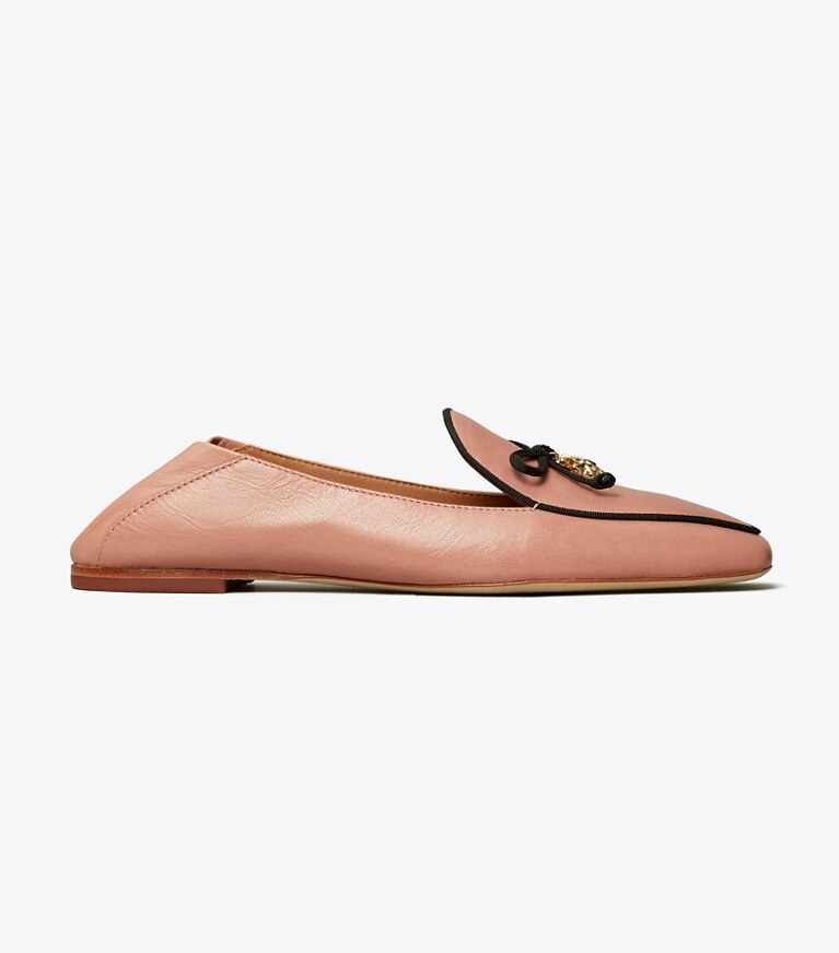 Tory Burch diseñador zapatos planos Mocasín con dije Tory bicolor en ROSA / PERFECT BLACK reversible plegable