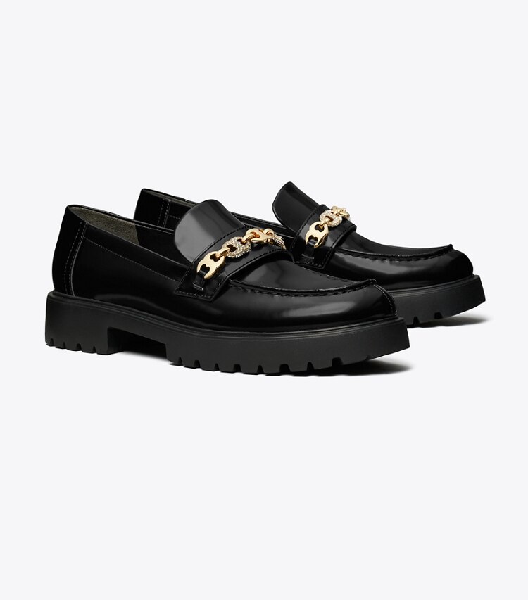 Tory Burch diseñador zapatos planos Mocasín con suela dentada y pavé Gemini Link en PERFECT BLACK / GOLD ángulo