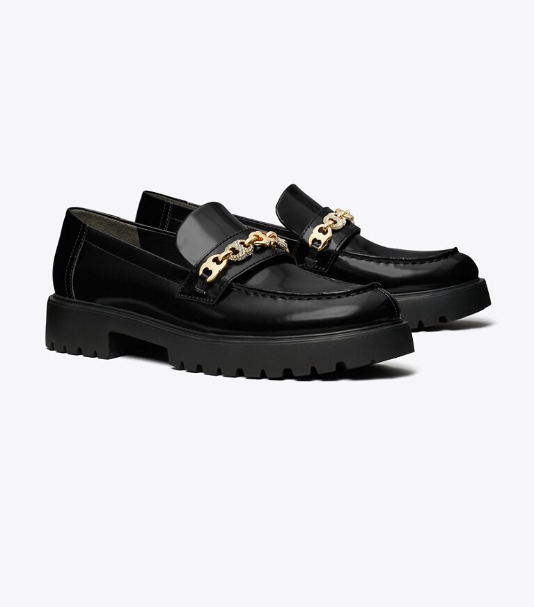 Tory Burch diseñador zapatos planos Mocasín con suela dentada y pavé Gemini Link en PERFECT BLACK / GOLD ángulo