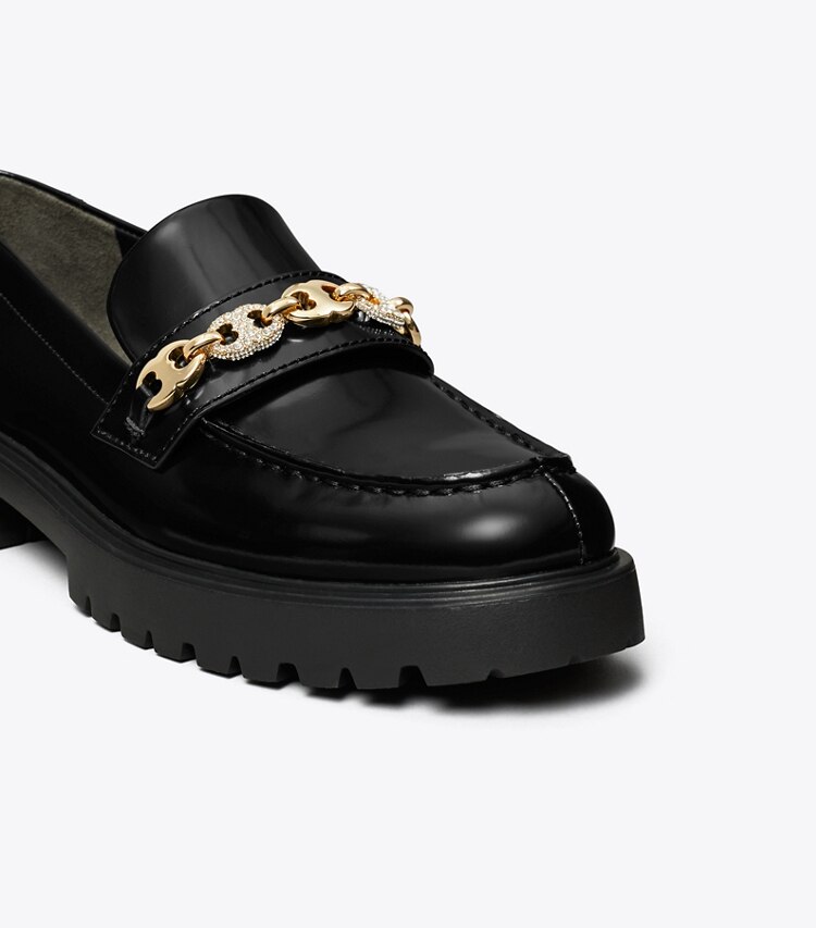 Tory Burch diseñador zapatos planos Mocasín con suela dentada y pavé Gemini Link en PERFECT BLACK / GOLD detalle