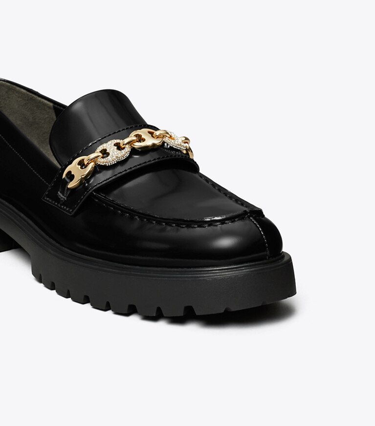 Tory Burch diseñador zapatos planos Mocasín con suela dentada y pavé Gemini Link en PERFECT BLACK / GOLD detalle