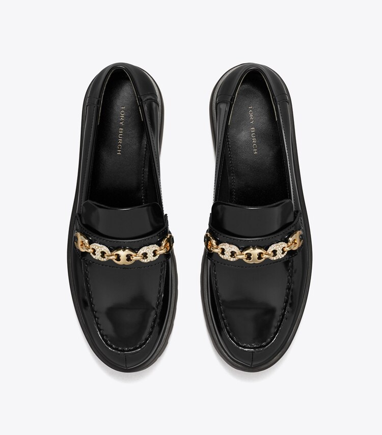 Tory Burch diseñador zapatos planos Mocasín con suela dentada y pavé Gemini Link en PERFECT BLACK / GOLD vista superior