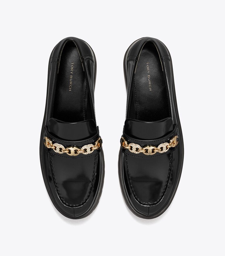 Tory Burch diseñador zapatos planos Mocasín con suela dentada y pavé Gemini Link en PERFECT BLACK / GOLD vista superior
