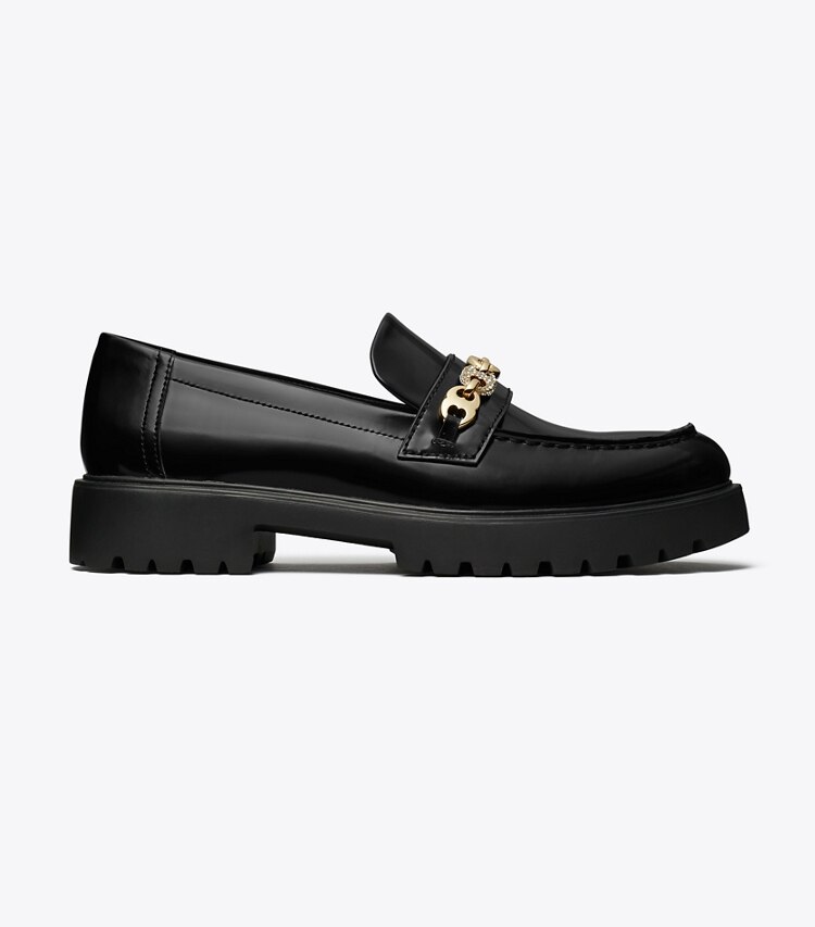 Tory Burch diseñador zapatos planos Mocasín con suela dentada y pavé Gemini Link en PERFECT BLACK / GOLD lateral