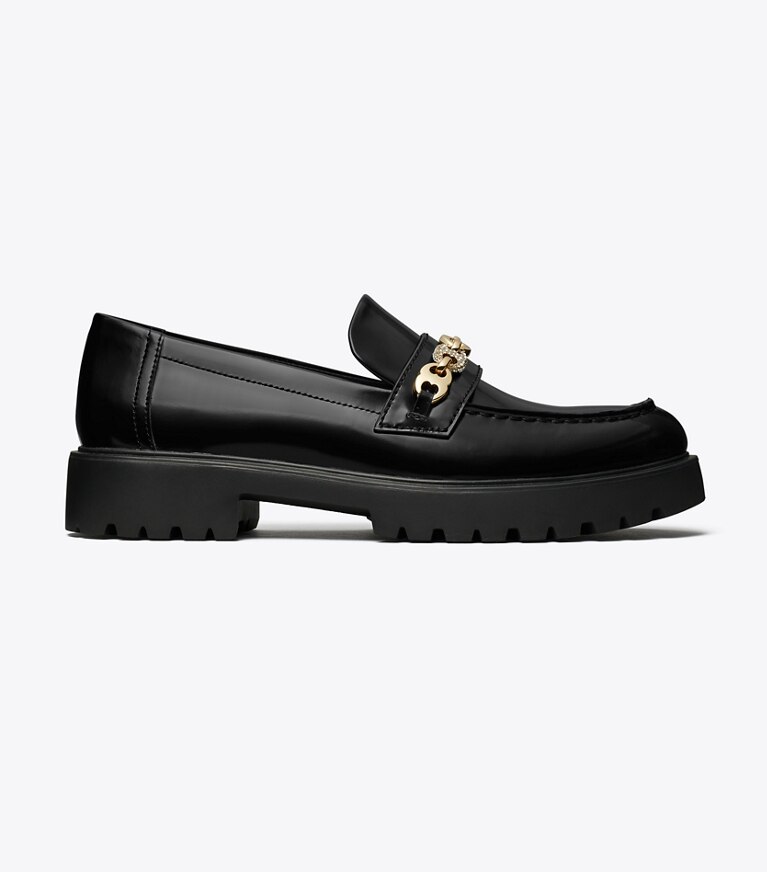 Tory Burch diseñador zapatos planos Mocasín con suela dentada y pavé Gemini Link en PERFECT BLACK / GOLD lateral