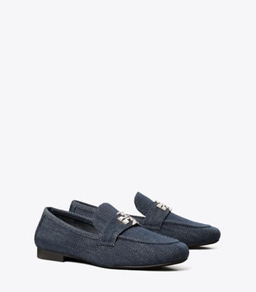 Tory Burch diseñador zapatos planos Mocasín Eleanor en MIDNIGHT DENIM / SILVER ángulo