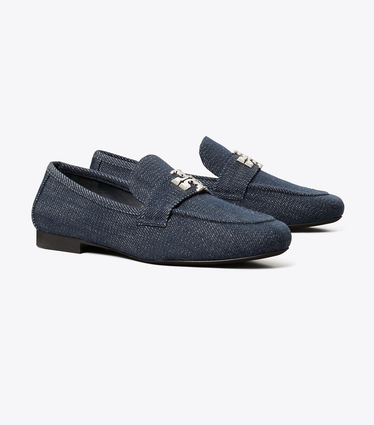 Tory Burch diseñador zapatos planos Mocasín Eleanor en MIDNIGHT DENIM / SILVER ángulo
