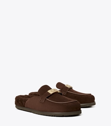 Tory Burch diseñador calzado plano Mocasín Leelee de piel de borreguillo en DARK COCOA ángulo