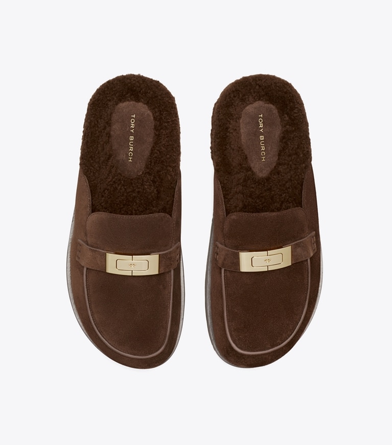 Tory Burch diseñador zapatos planos Mocasín Leelee de piel de borreguillo en DARK COCOA vista superior