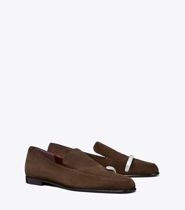 Tory Burch diseñador calzado plano Mocasín Pierced en DARK COCOA / SILVER ángulo