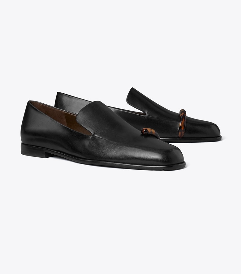 Tory Burch diseñador zapatos planos Mocasín Pierced en PERFECT BLACK / TORTOISE ángulo