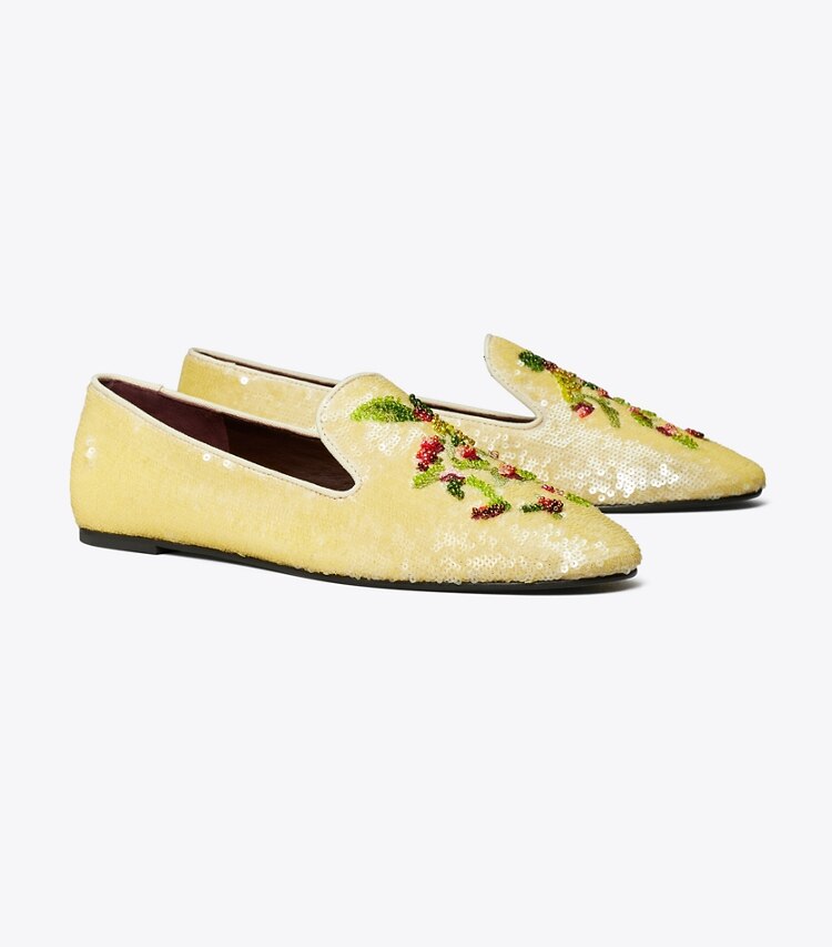 Tory Burch diseñador zapatos planos Mocasines Smoking en BEIGE ángulo