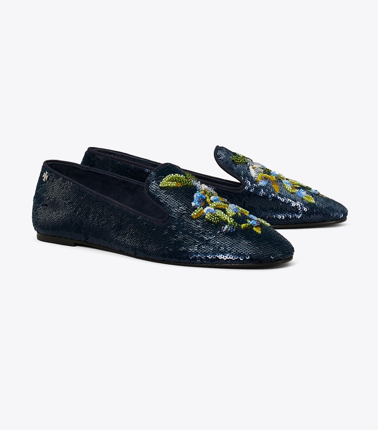 Tory Burch diseñador calzado plano Mocasines Smoking en MEDIUM NAVY ángulo