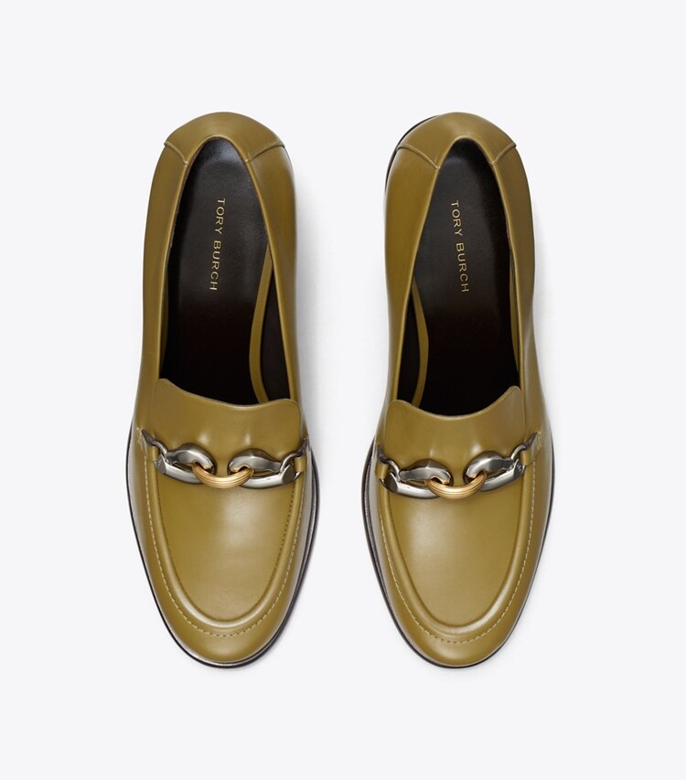 Tory Burch designer escarpins Mocassin à talon Jessa dans RAMURE GREEN vue du dessus