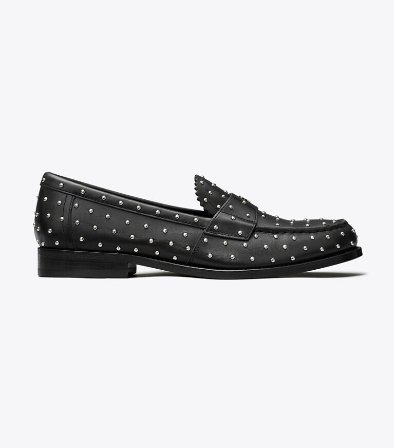 Tory Burch designer mocassins Mocassin classique à clous dans PERFECT BLACK / SILVER de côté