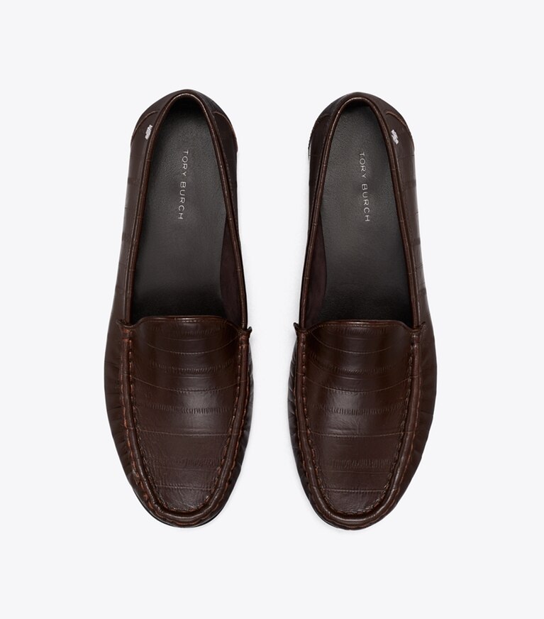 Tory Burch designer mocassins Mocassin froncé Classic dans DARK BROWN EEL vue du dessus