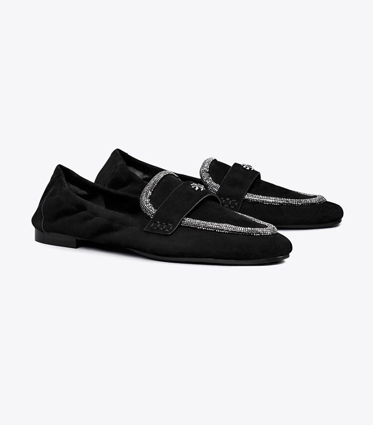 Tory Burch designer mocassini Mocassino ballerina in suede in PERFECT BLACK / CRYSTAL angle