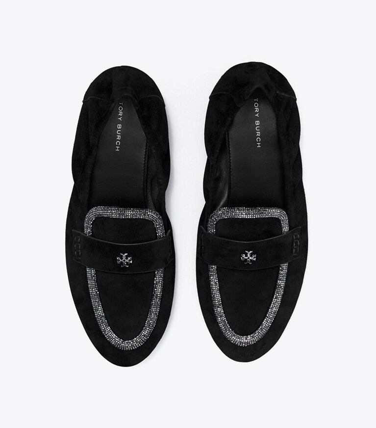 Tory Burch designer mocassini Mocassino ballerina in suede in PERFECT BLACK / CRYSTAL angle