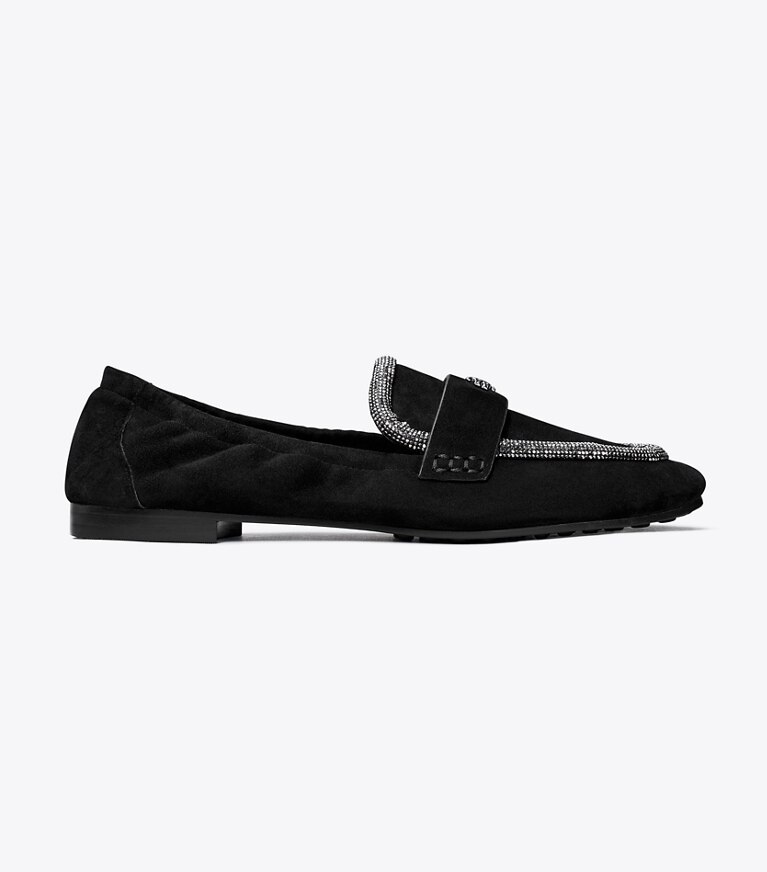 Tory Burch designer mocassini Mocassino ballerina in suede in PERFECT BLACK / CRYSTAL angle
