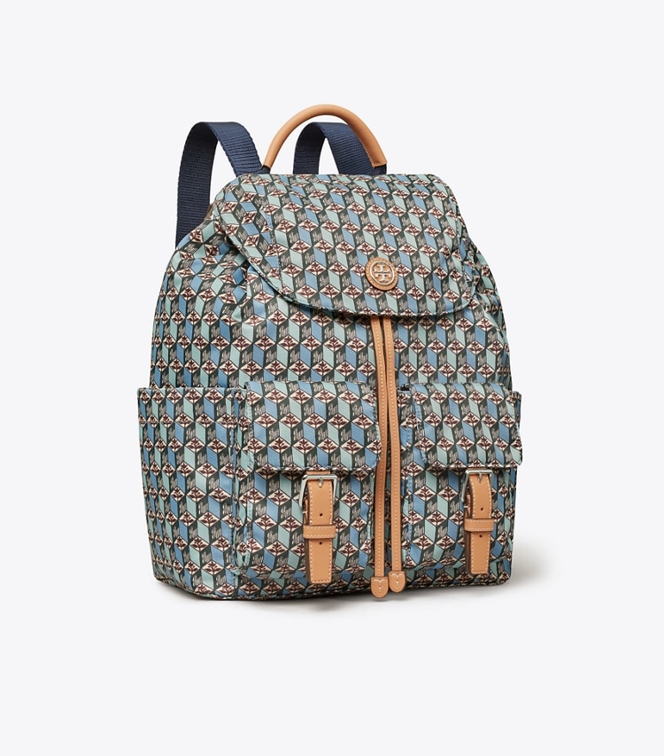 Tory Burch diseñador mochilas Mochila estampada de nailon con solapa en MISTY BLUE TULIP ángulo