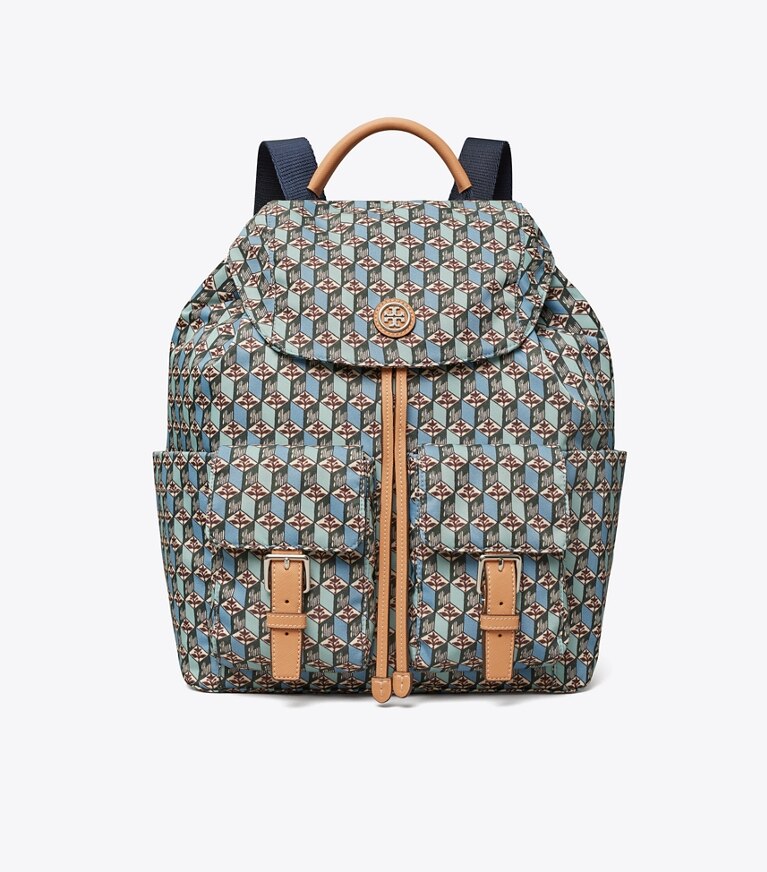 Tory Burch diseñador mochilas Mochila estampada de nailon con solapa en MISTY BLUE TULIP frontal