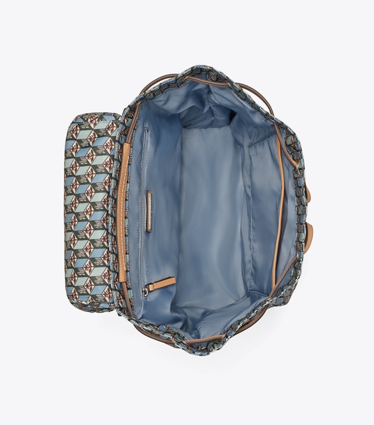 Tory Burch diseñador mochilas Mochila estampada de nailon con solapa en MISTY BLUE TULIP desde arriba