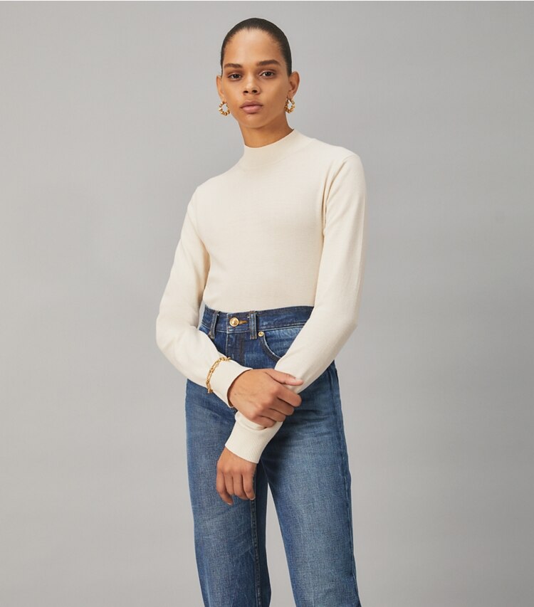 Tory Burch designer sweaters Mock-Neck Pullover in FRENCH CREAM on model detail