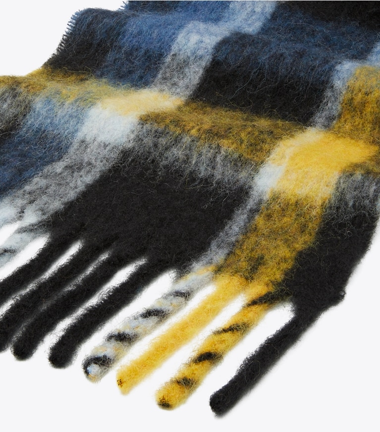 Tory Burch designer scarves Mohair Scarf in Crisp Blue / Golden Marigold overhead