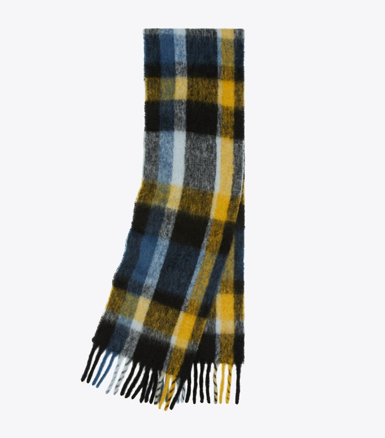 Tory Burch designer scarves Mohair Scarf in Crisp Blue / Golden Marigold overhead