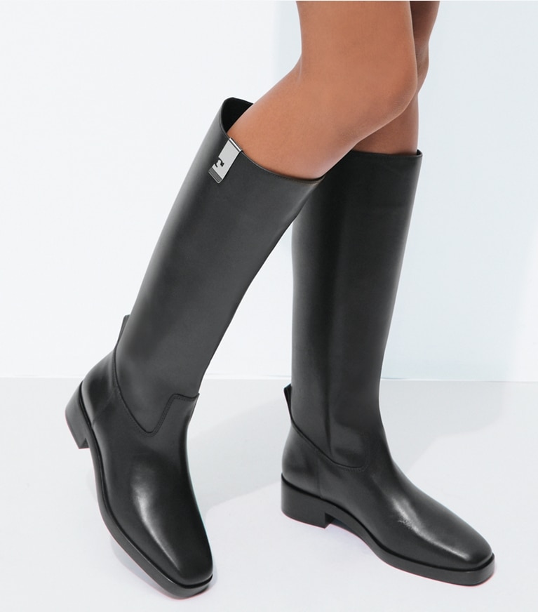 Tory Burch designer knee boots Money Clip Boot in PERFECT BLACK accessory on model