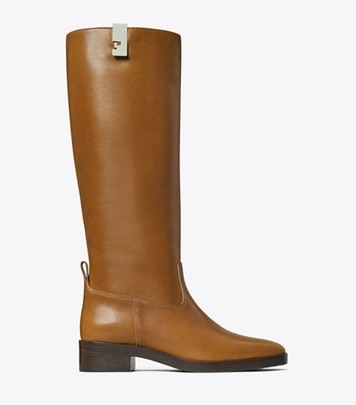 Turnlock Riding Boot, Wide in black suede | Tory Burch