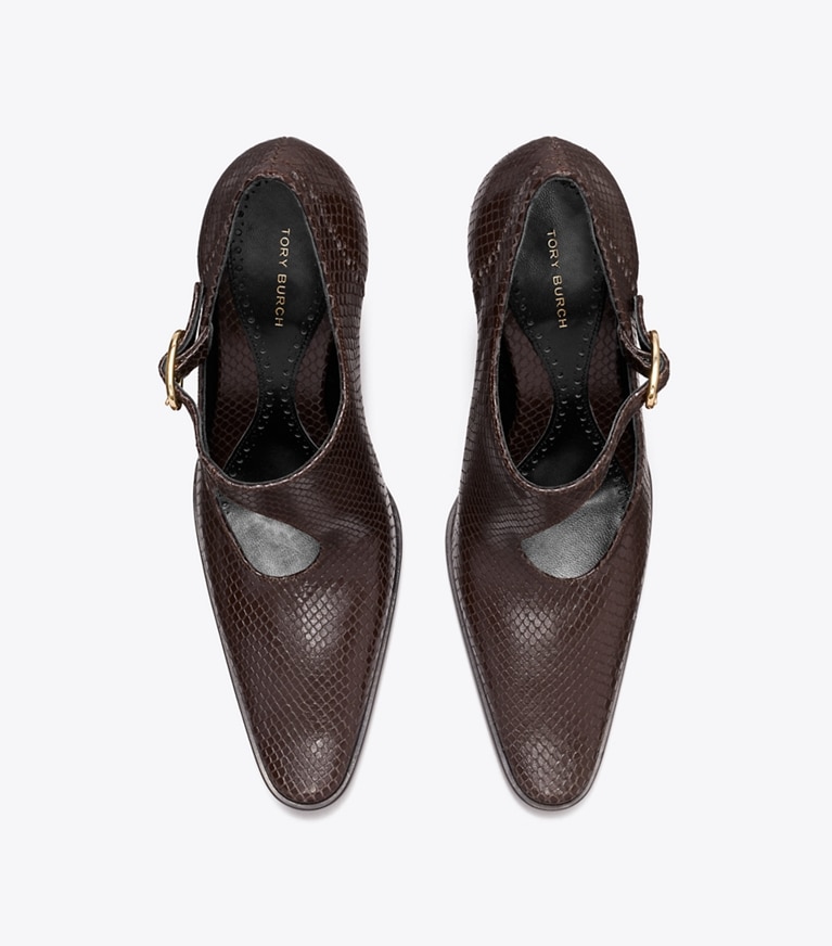 Tory Burch designer heels Monkstrap mit Absatz und Twist-Effekt in CHOCOLATE angle