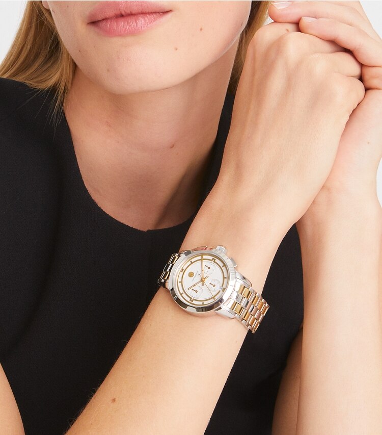 Tory Burch designer montres bracelet Montre chronographe Tory, bicolore doré/acier inoxydable in IVORY/TWO-TONE accessory on model