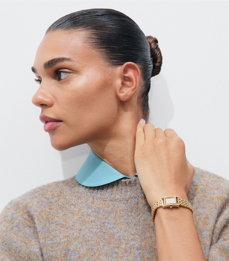 Tory Burch designer montres bracelet Montre mini Eleanor dans IVORY/GOLD/PAVE accessoire sur le modèle