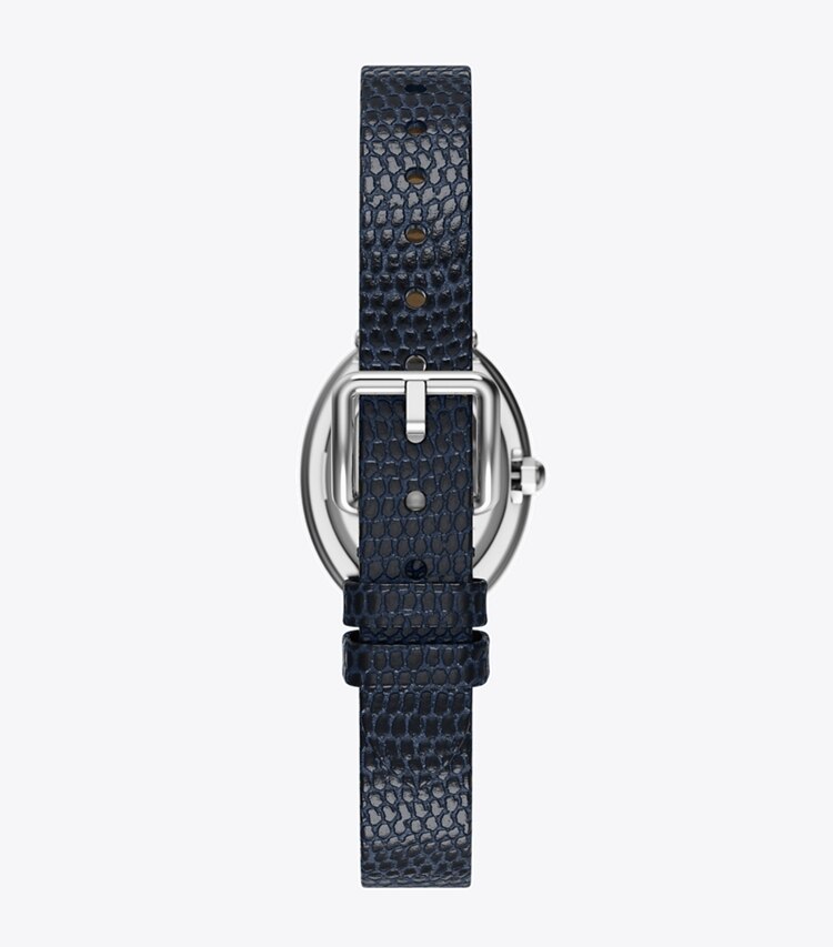 Tory Burch designer montres bracelet Montre ovale dans BLUE STEEL/BLUE FAUX LIZARD/SILVER retour