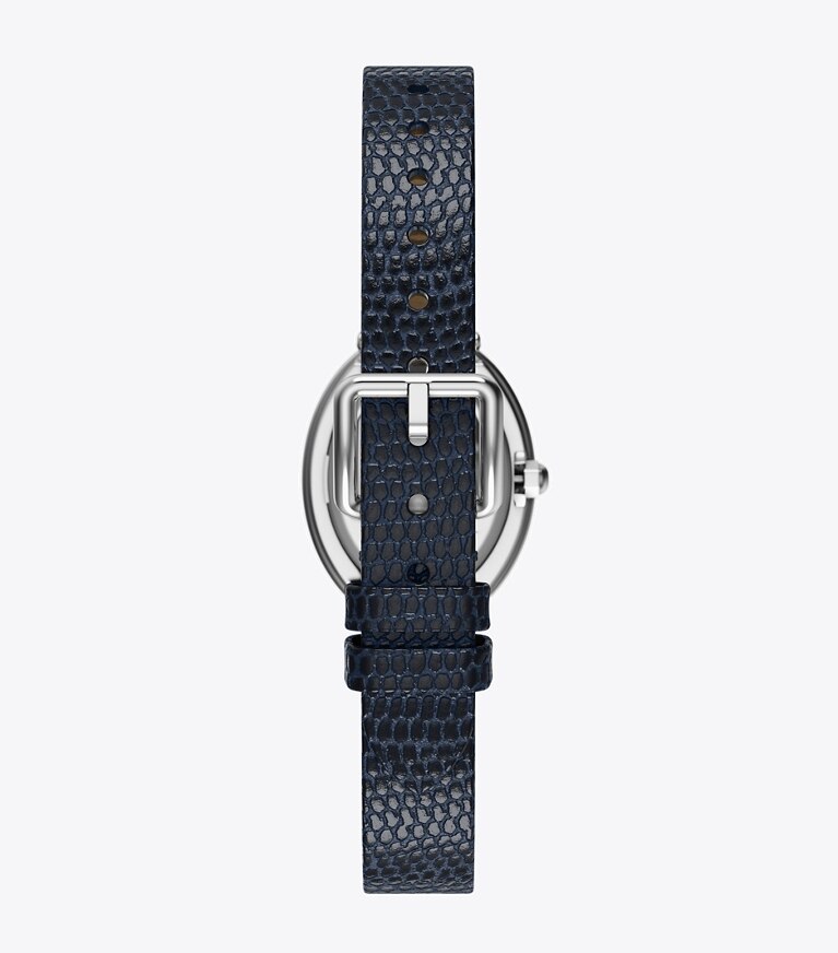 Tory Burch designer montres bracelet Montre ovale dans BLUE STEEL/BLUE FAUX LIZARD/SILVER retour