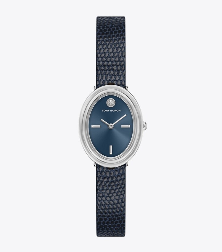 Tory Burch designer montres bracelet Montre ovale dans BLUE STEEL/BLUE FAUX LIZARD/SILVER de face