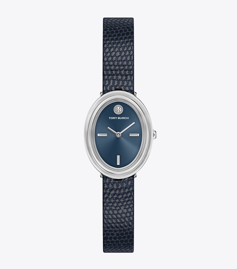 Tory Burch designer montres bracelet Montre ovale dans BLUE STEEL/BLUE FAUX LIZARD/SILVER de face