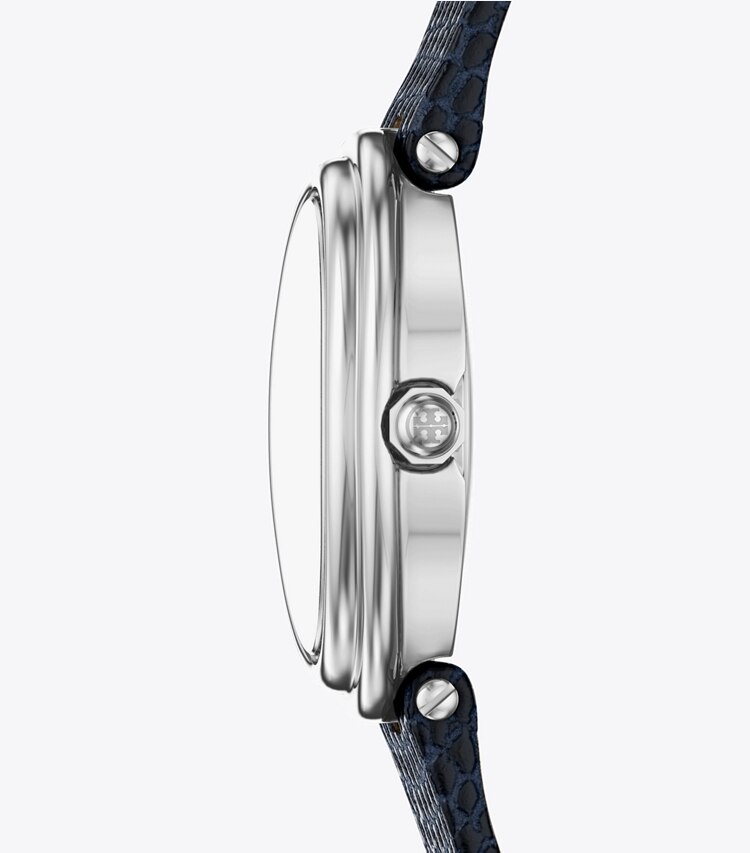 Tory Burch designer montres bracelet Montre ovale dans BLUE STEEL/BLUE FAUX LIZARD/SILVER de côté