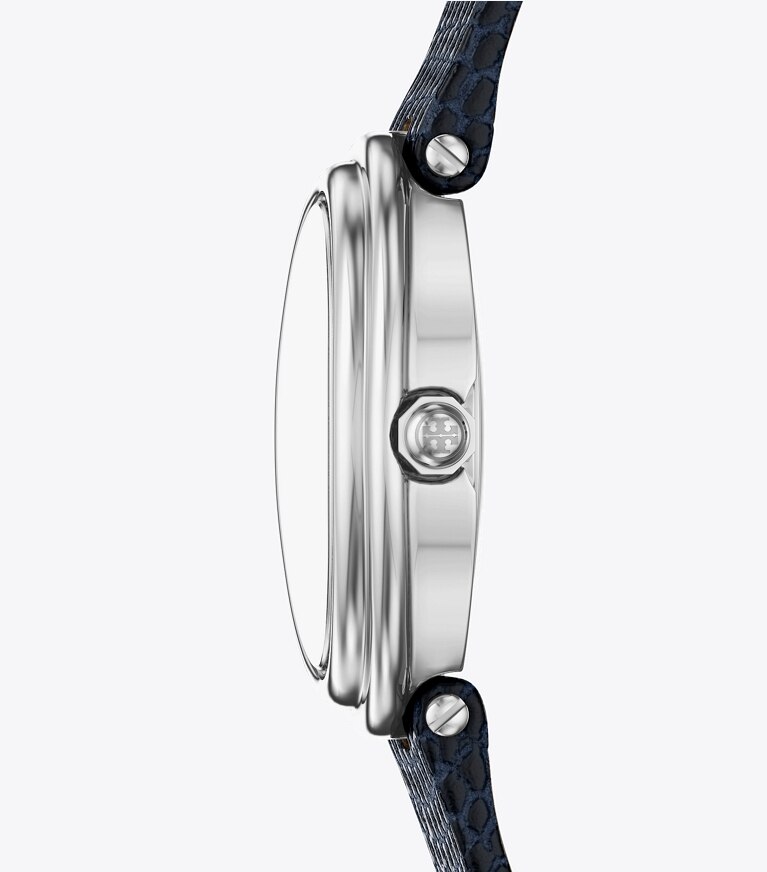 Tory Burch designer montres bracelet Montre ovale dans BLUE STEEL/BLUE FAUX LIZARD/SILVER de côté