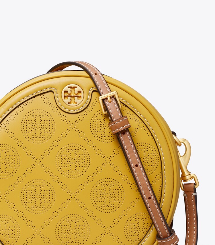 Tory Burch diseñador bolsos bandolera Moon perforado con monograma de T en Golden Sunset detalle