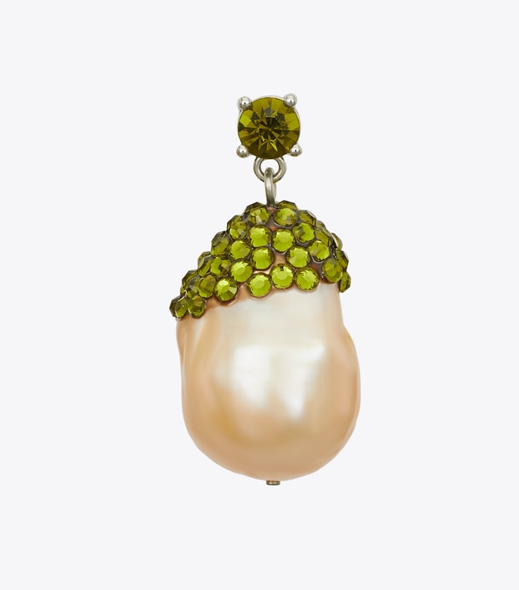 Tory Burch designer earrings Moondance Crystal and Pearl Drop Earrings in Pink / Green detail